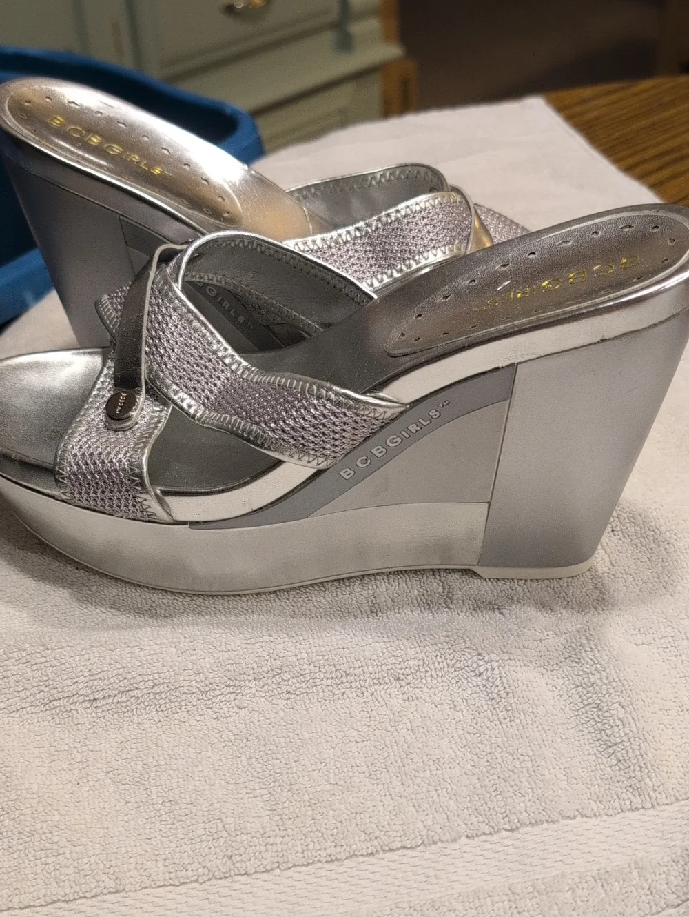 BCBGirls Metallic Silver Platform Wedge Sandals
